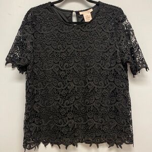 Philosophy Black Lace Overlay Short Sleeve Blouse Size L | Elegant Textured Top